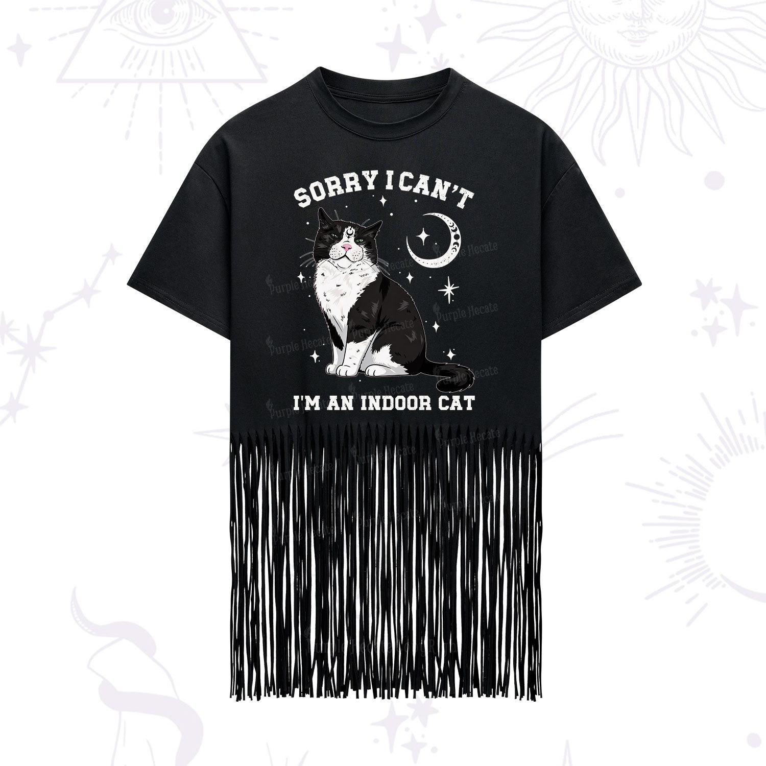 Purplehecate Sorry I Can't Go I'm an Indoor Cat Fringe Hem T-Shirt
