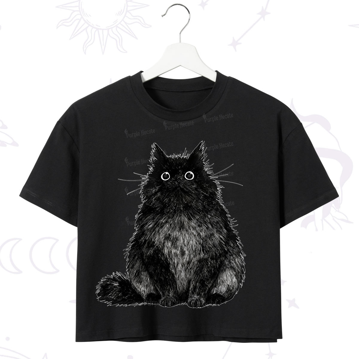 Purplehecate Cute Black Fluffy Cat Crop T-Shirt