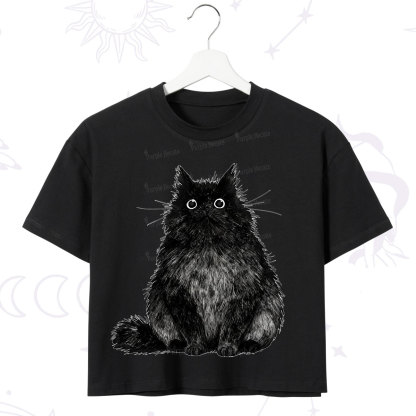 Purplehecate Cute Black Fluffy Cat Crop T-Shirt
