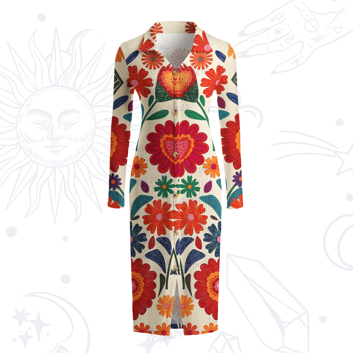 Purplehecate Retro Bloom Folk Floral Ribbed Knit Dress