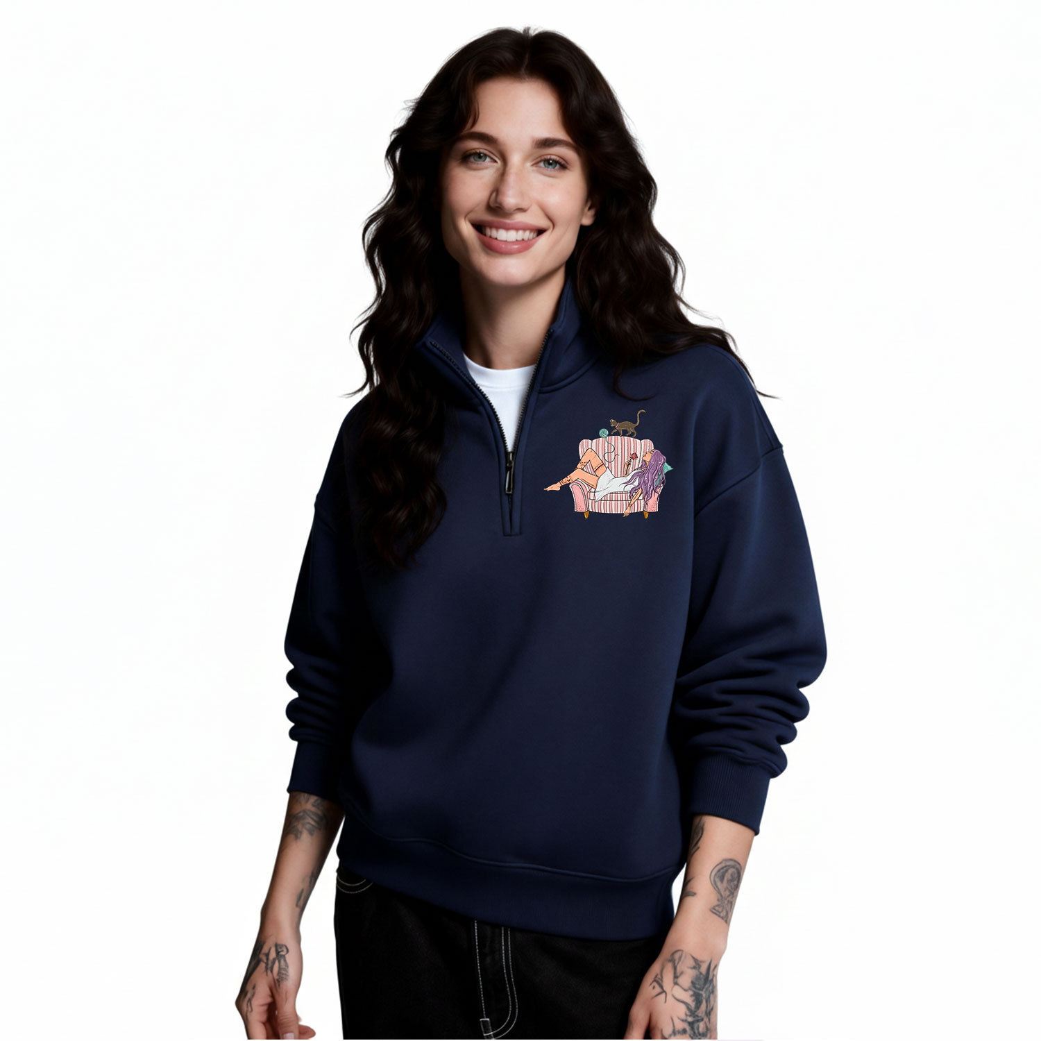 Purplehecate The Cat Mom Tarot Quarter Zip Fleece Sweatshirt