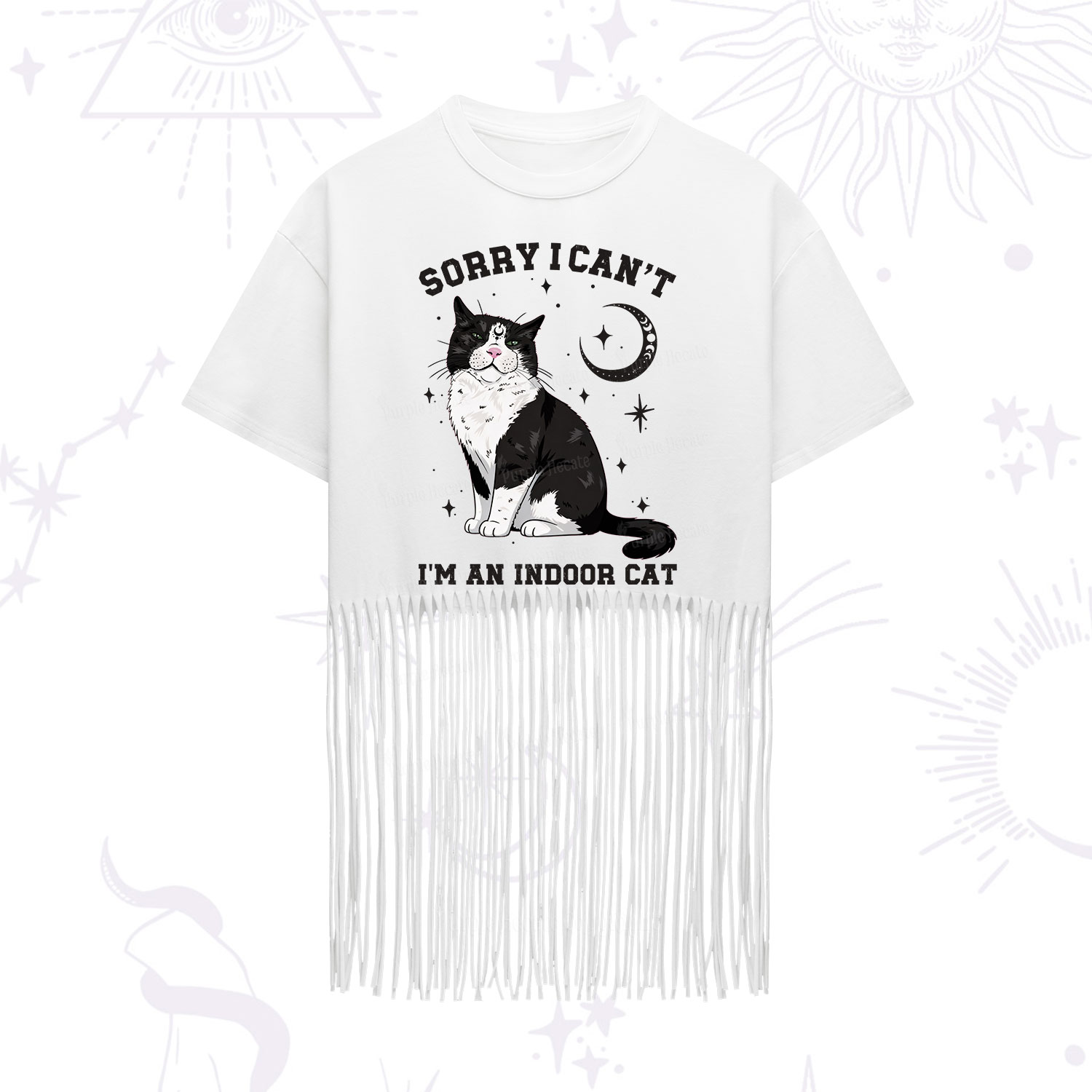 Purplehecate Sorry I Can't Go I'm an Indoor Cat Fringe Hem T-Shirt
