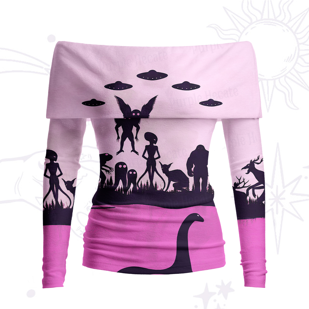 Purplehecate Alien Lake Monster Encounter Off Shoulder Long Sleeve Knit Top