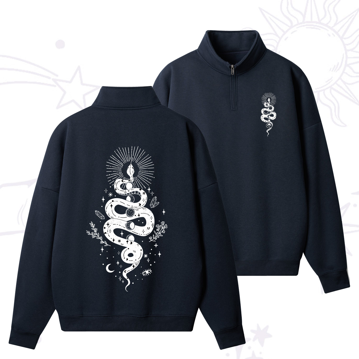 Purplehecate Mystical Moon Phases Snake Quarter Zip Fleece Sweatshirt
