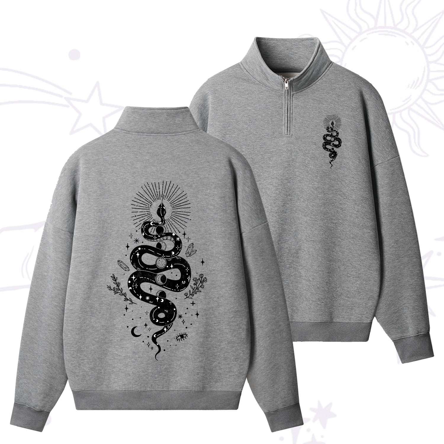 Purplehecate Mystical Moon Phases Snake Quarter Zip Fleece Sweatshirt