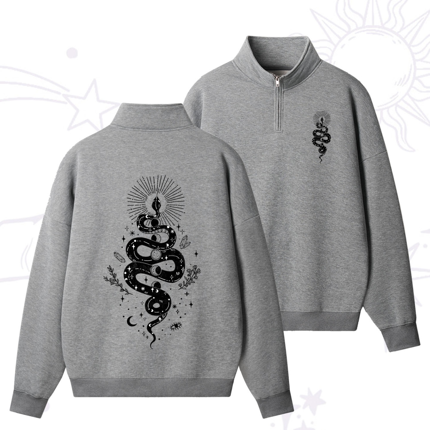 Purplehecate Mystical Moon Phases Snake Quarter Zip Fleece Sweatshirt