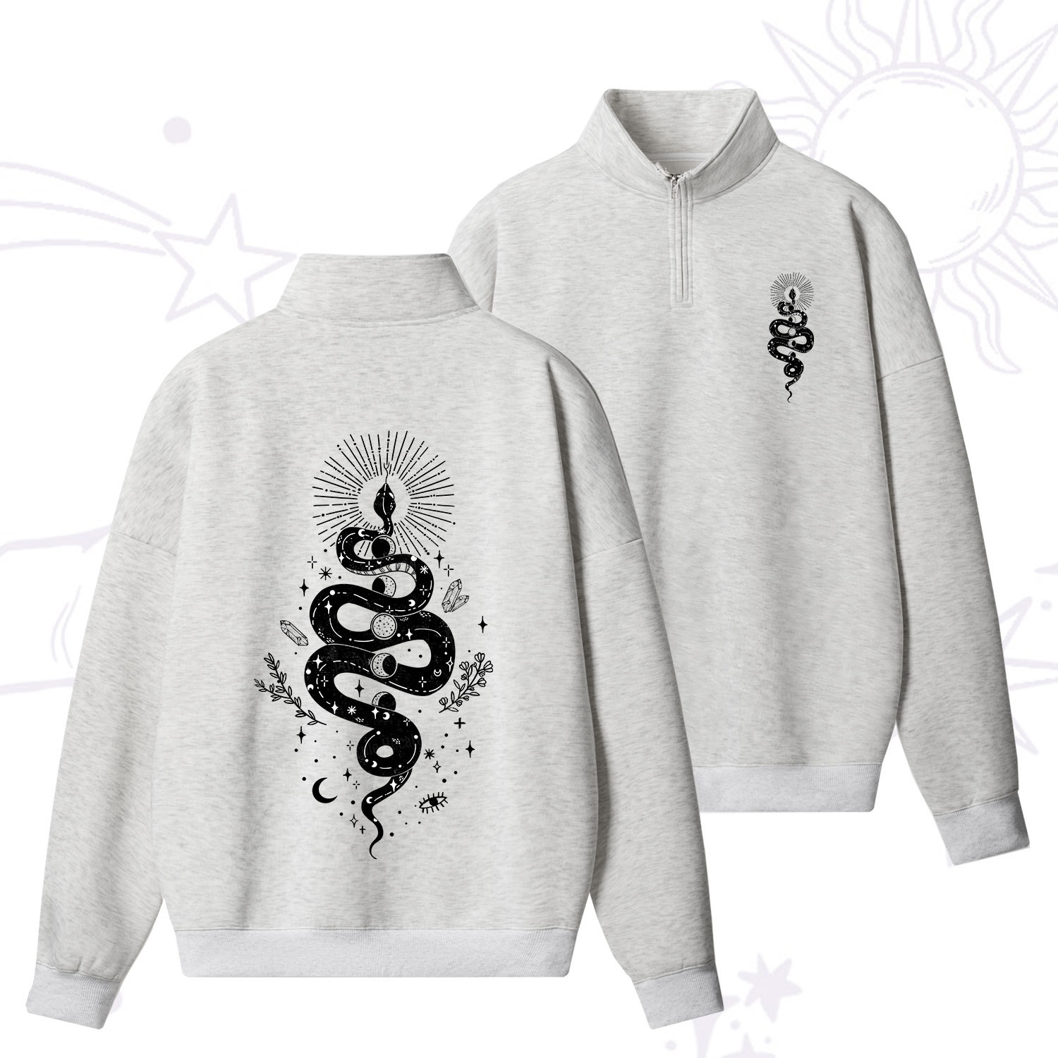Purplehecate Mystical Moon Phases Snake Quarter Zip Fleece Sweatshirt