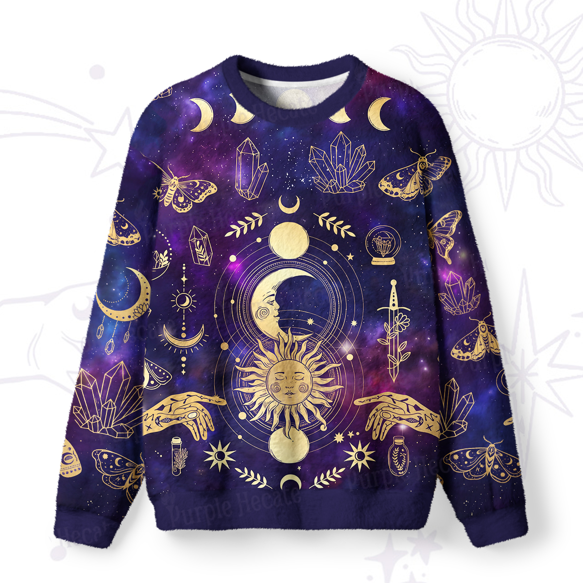 Purplehecate Celestial Sun & Moon Mystic Galaxy Fuzzy Ugly Sweatshirt
