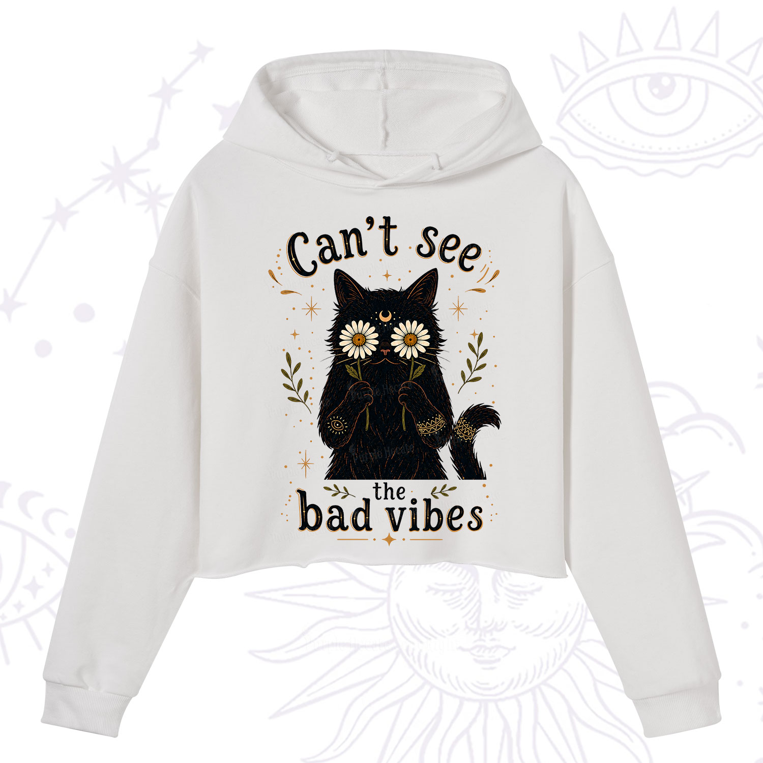 Purplehecate Can't See the Bad Vibes Black Cat Crop Hoodie