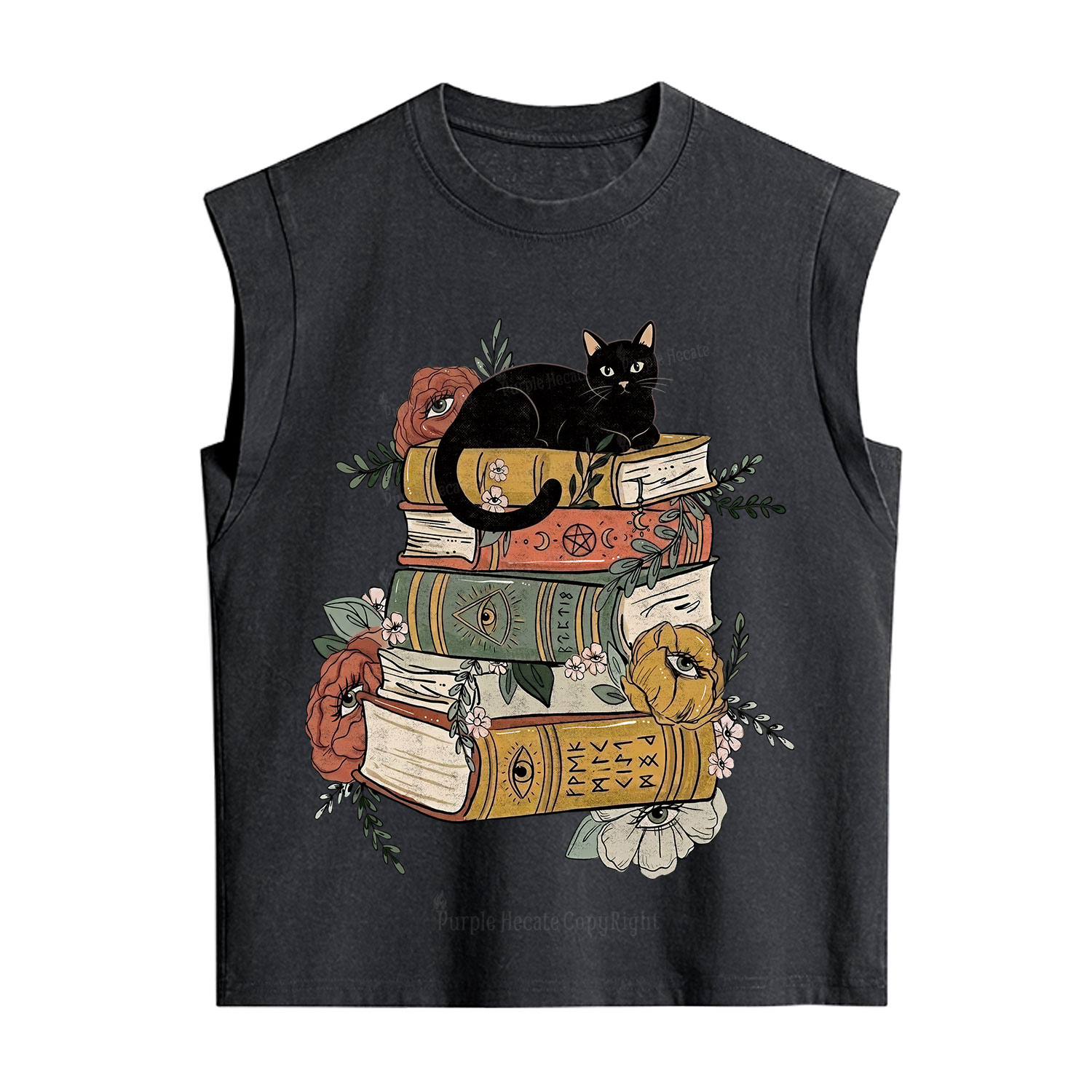 Purplehecate Black Cat on Books Vintage Washed Tank