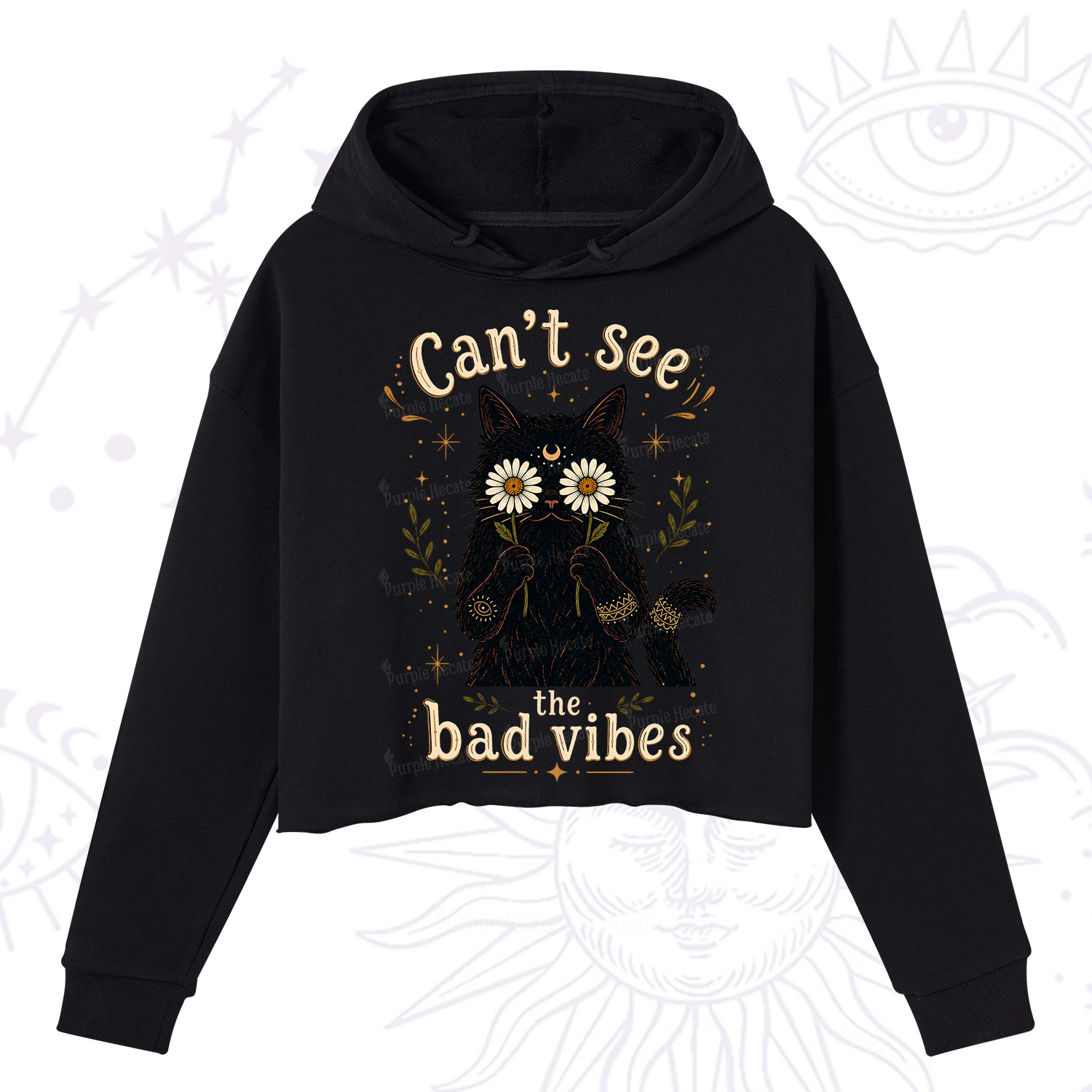 Purplehecate Can't See the Bad Vibes Black Cat Crop Hoodie