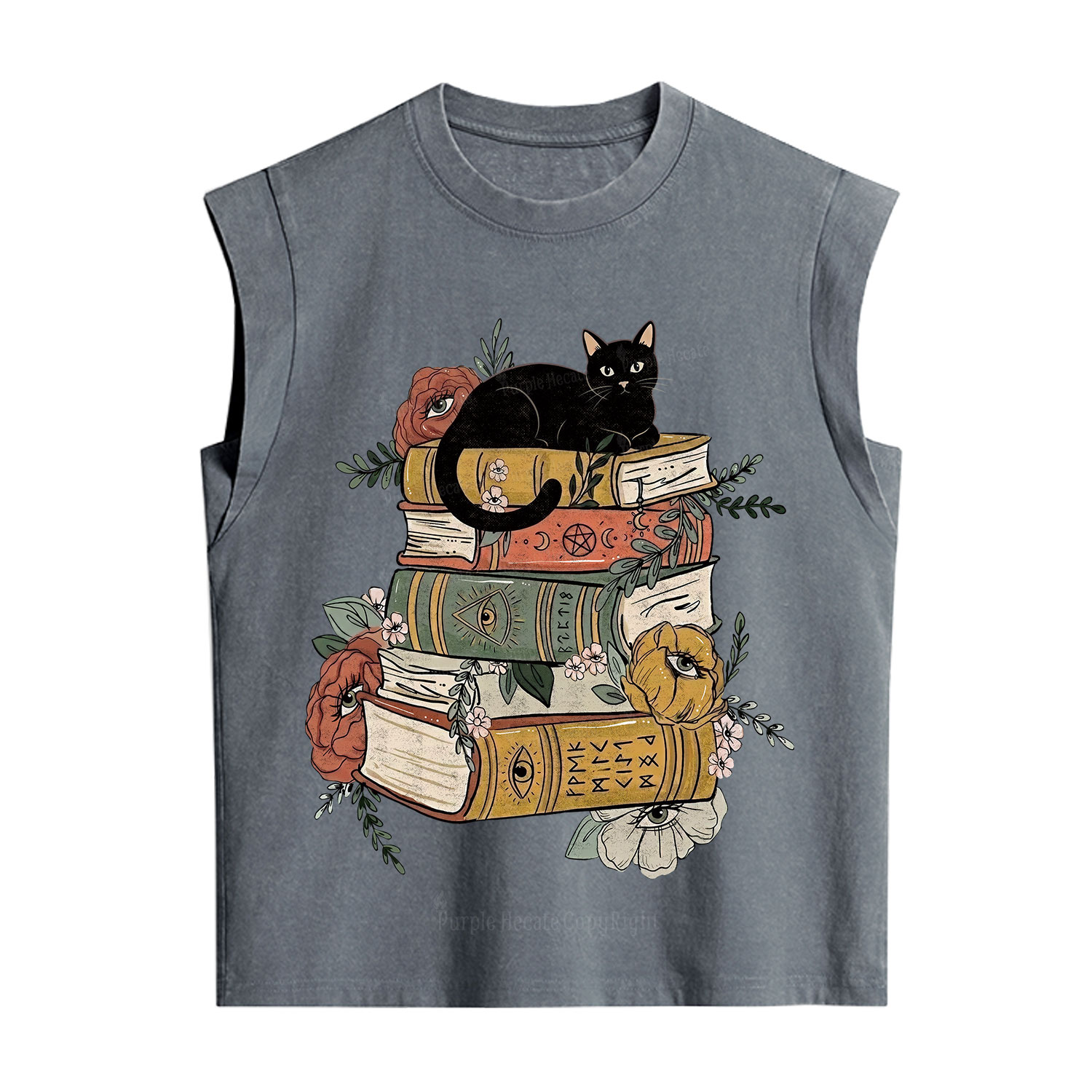 Purplehecate Black Cat on Books Vintage Washed Tank