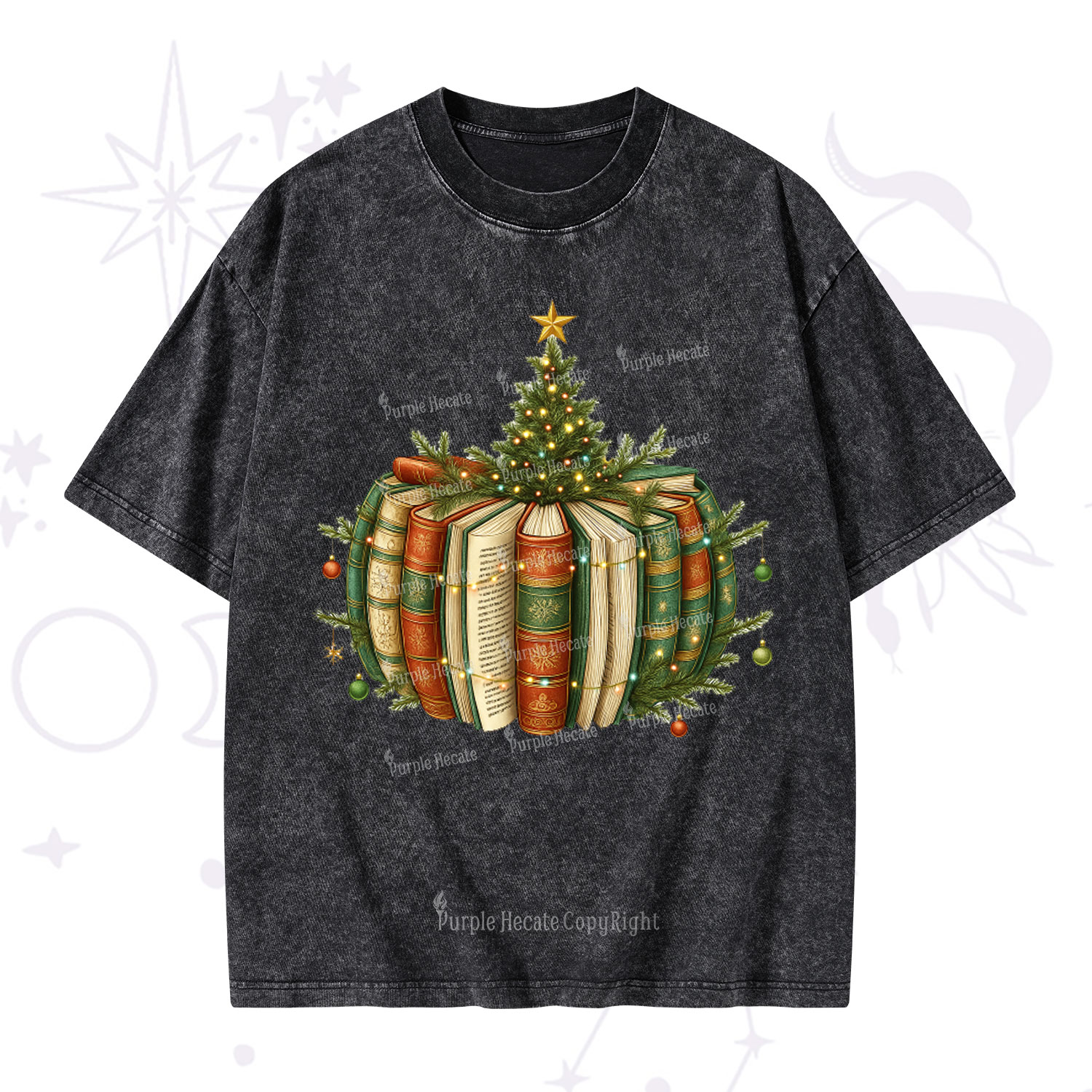 Purplehecate Bookish Christmas Tree Washed T-Shirt