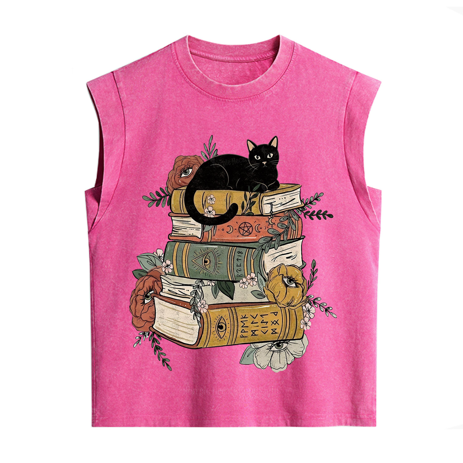 Purplehecate Black Cat on Books Vintage Washed Tank