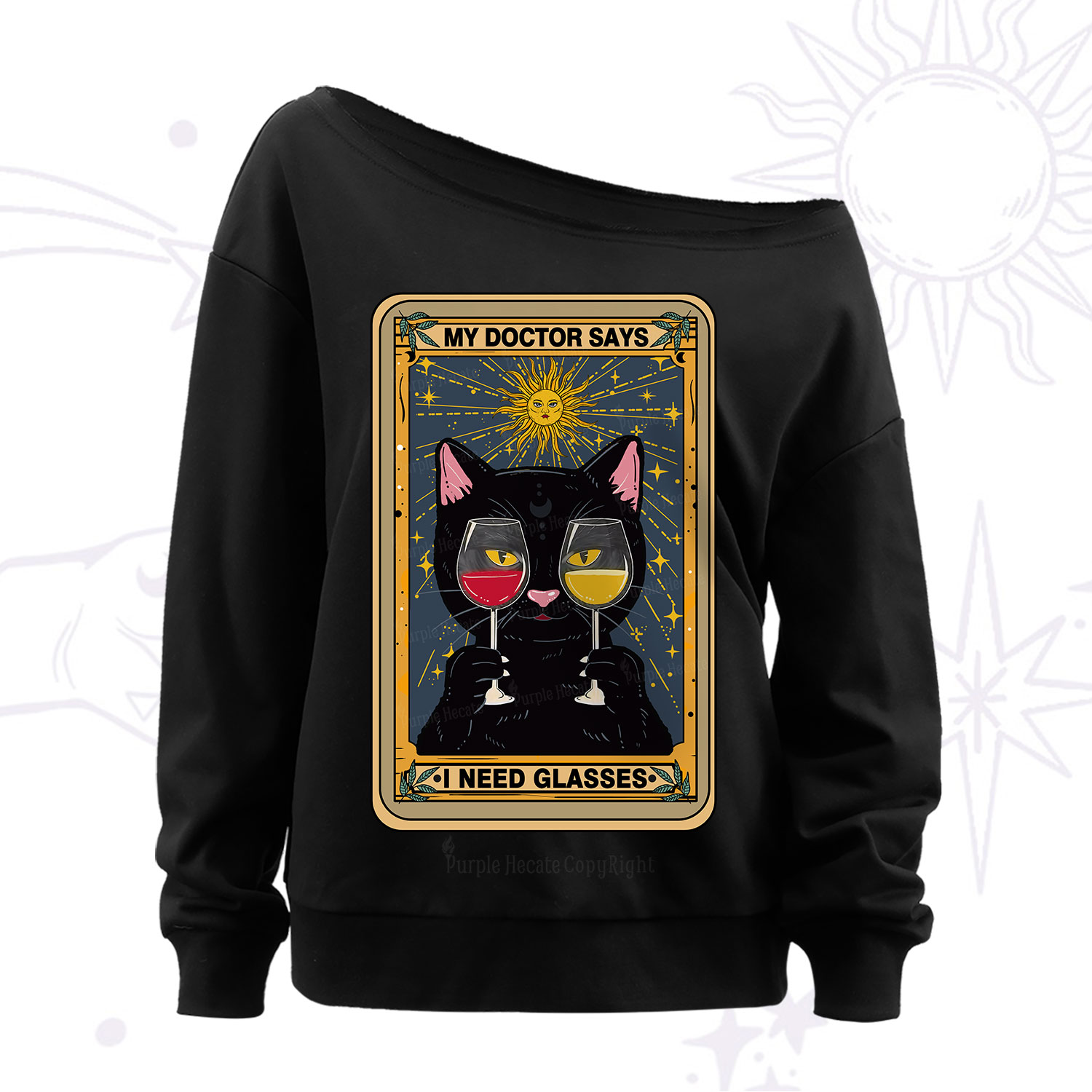 Purplehecate Funny Black Cat My Doctor Says I Need Glasses Tarot Off The Shoulder Sweatshirt