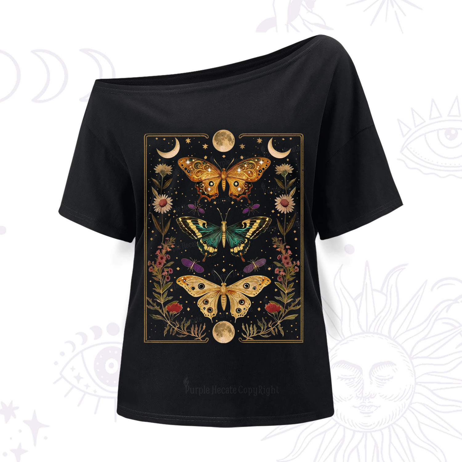 Purplehecate Sun and Moon Butterfly One Shoulder T-Shirt