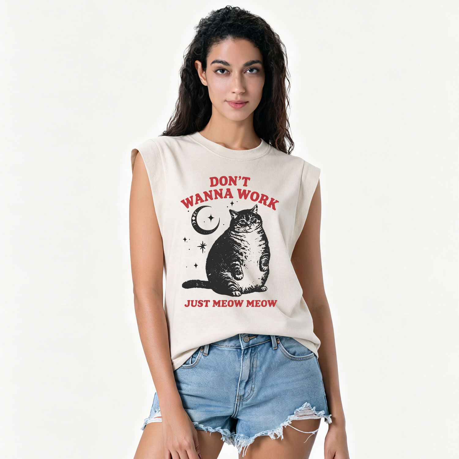 Purplehecate Don't Wanna Work Just Meow Meow Vintage Washed Tank