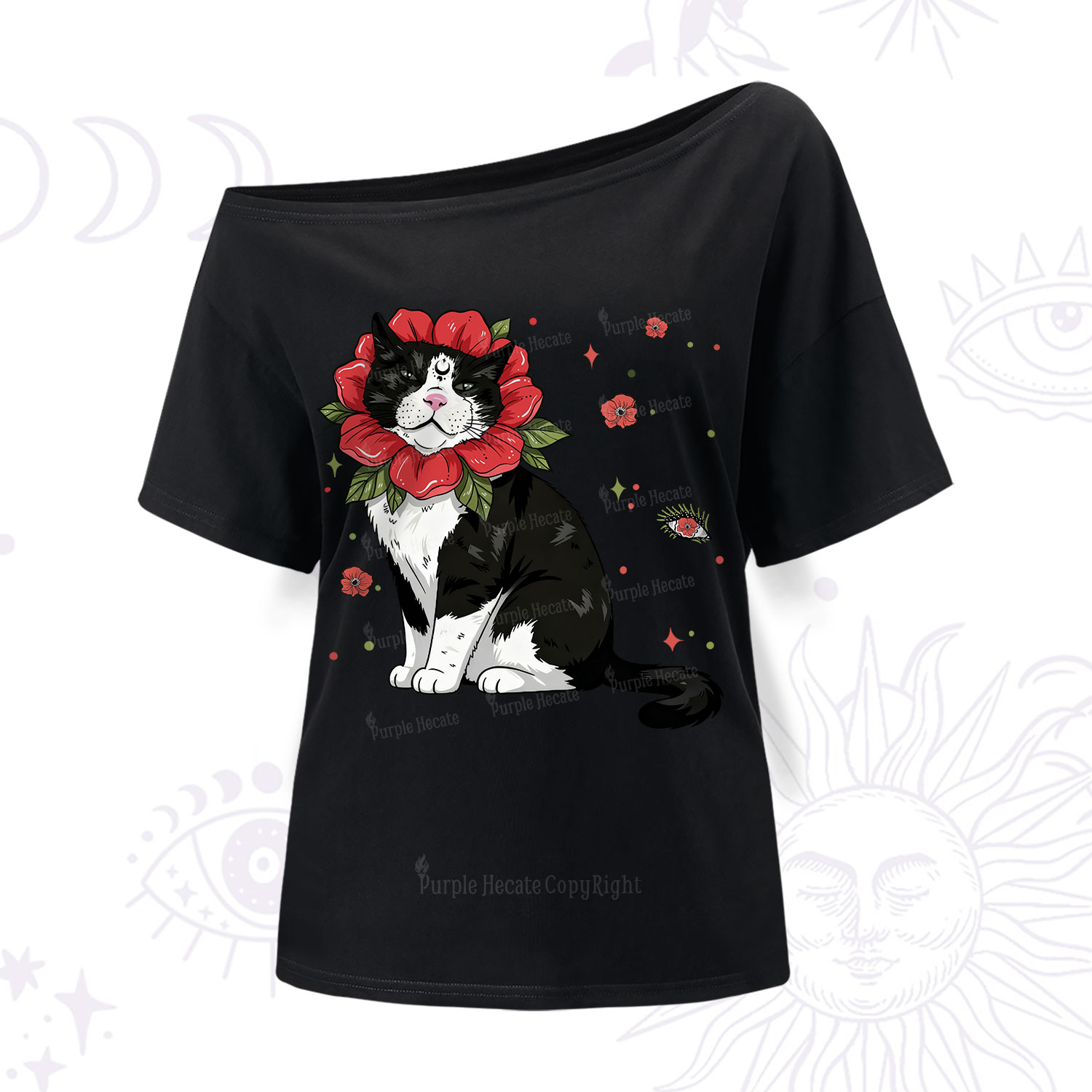 Purplehecate Cat in Flower Crown One Shoulder T-Shirt