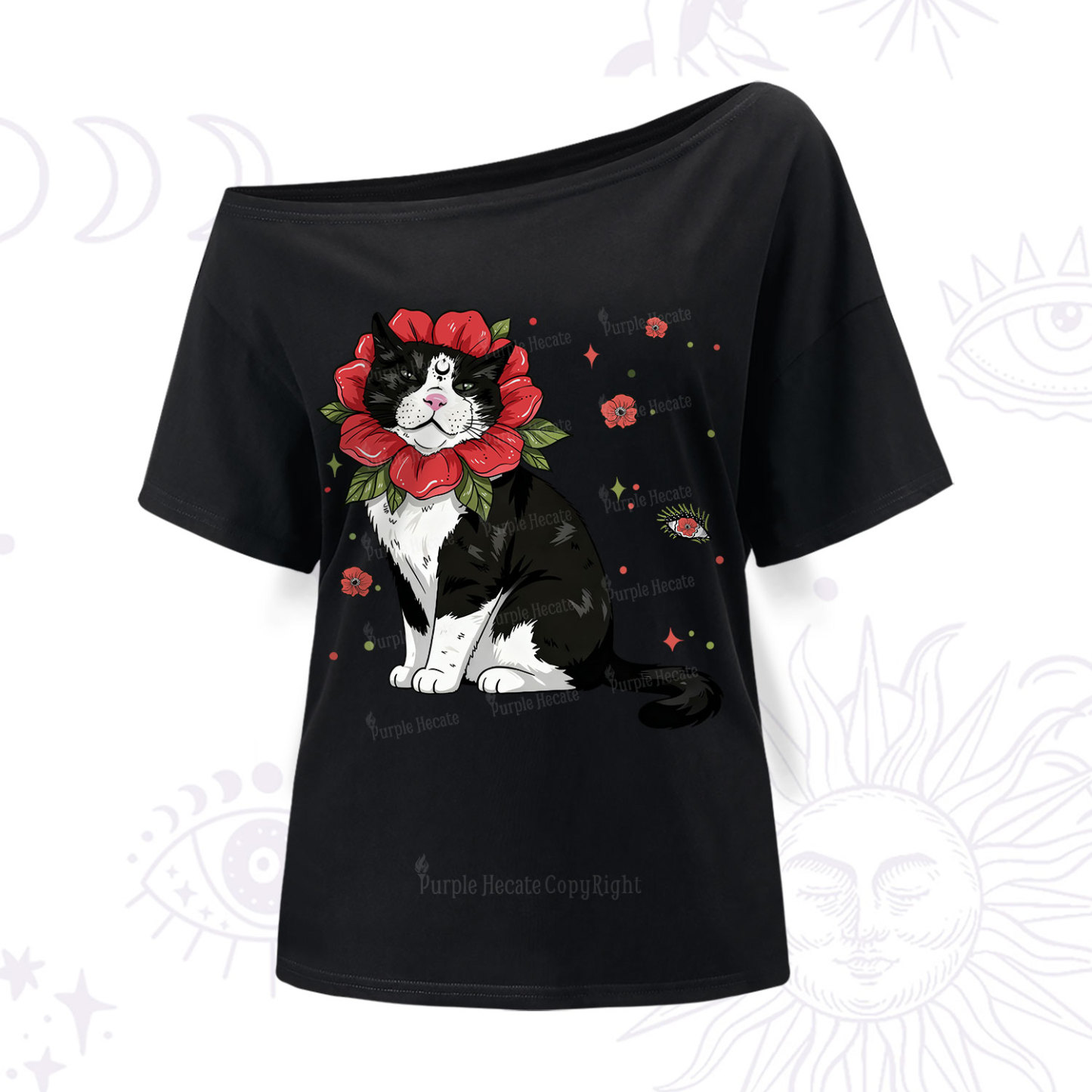 Purplehecate Cat in Flower Crown One Shoulder T-Shir