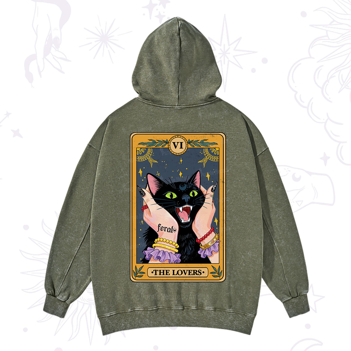Purplehecate The Lovers Tarot Feral Cat Washed Hoodie