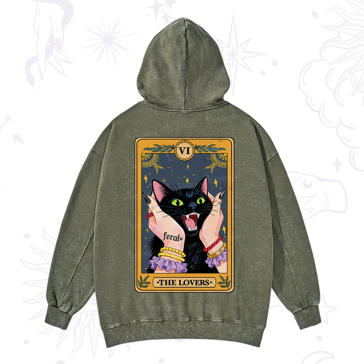 Purplehecate The Lovers Tarot Feral Cat Washed Hoodie