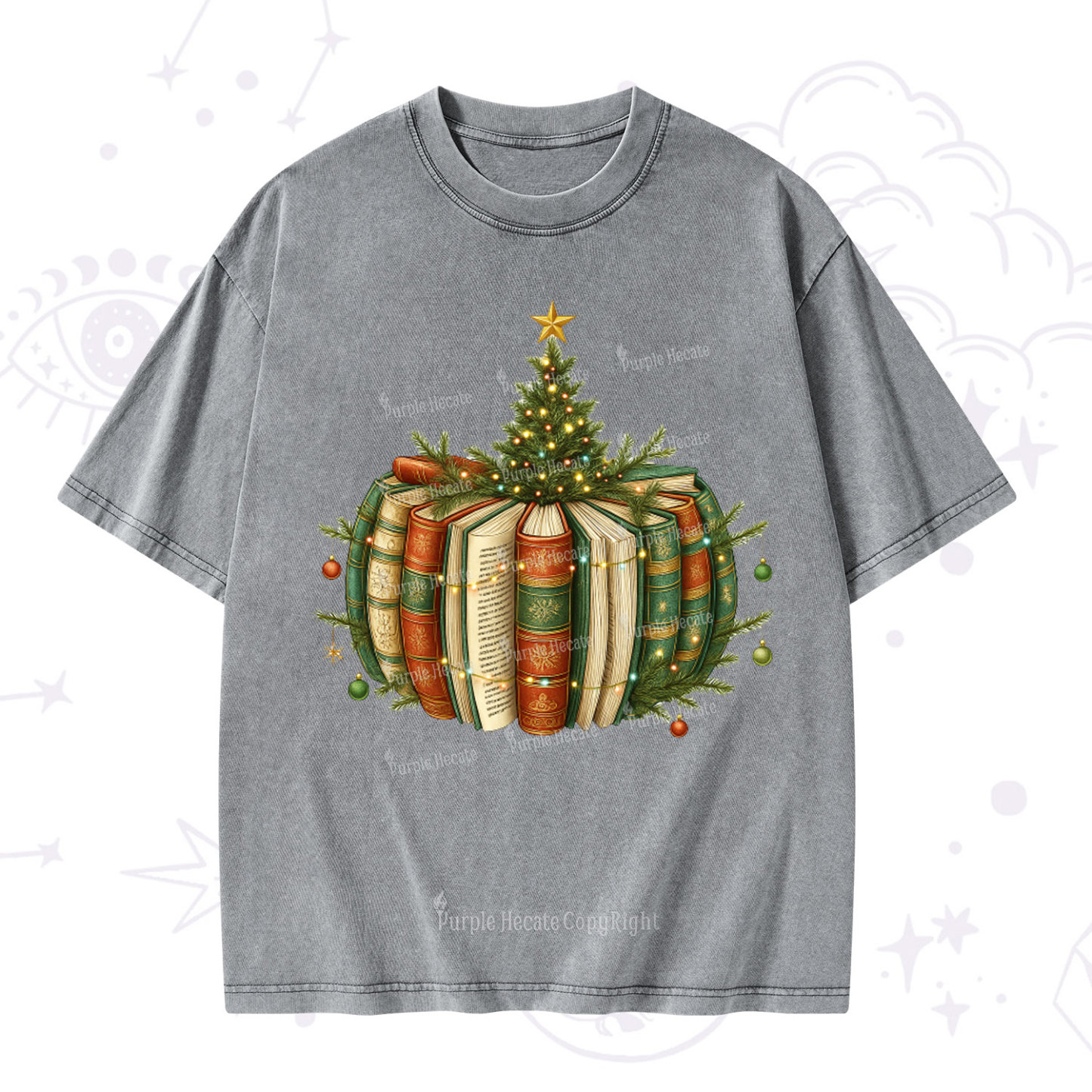 Purplehecate Bookish Christmas Tree Washed T-Shirt