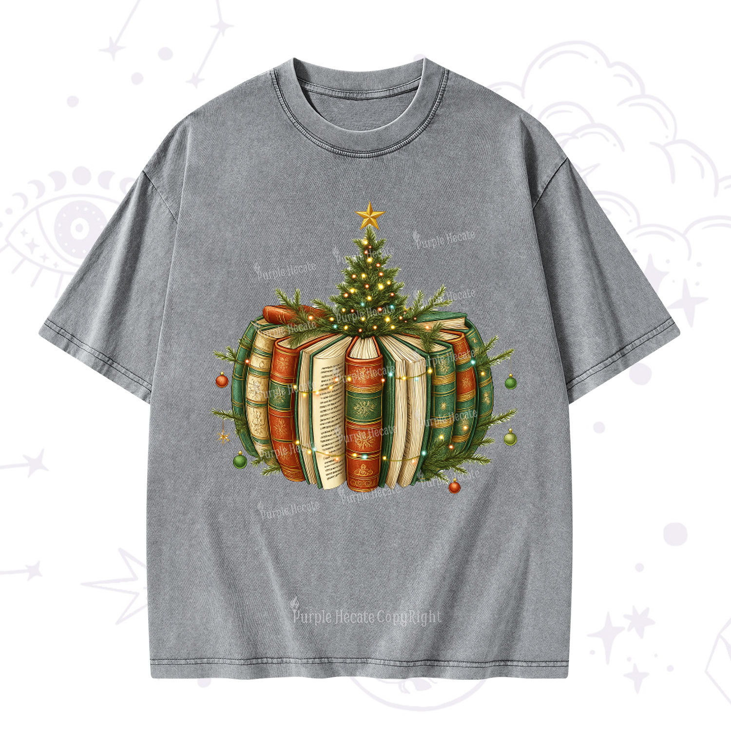 Purplehecate Bookish Christmas Tree Washed T-Shirt