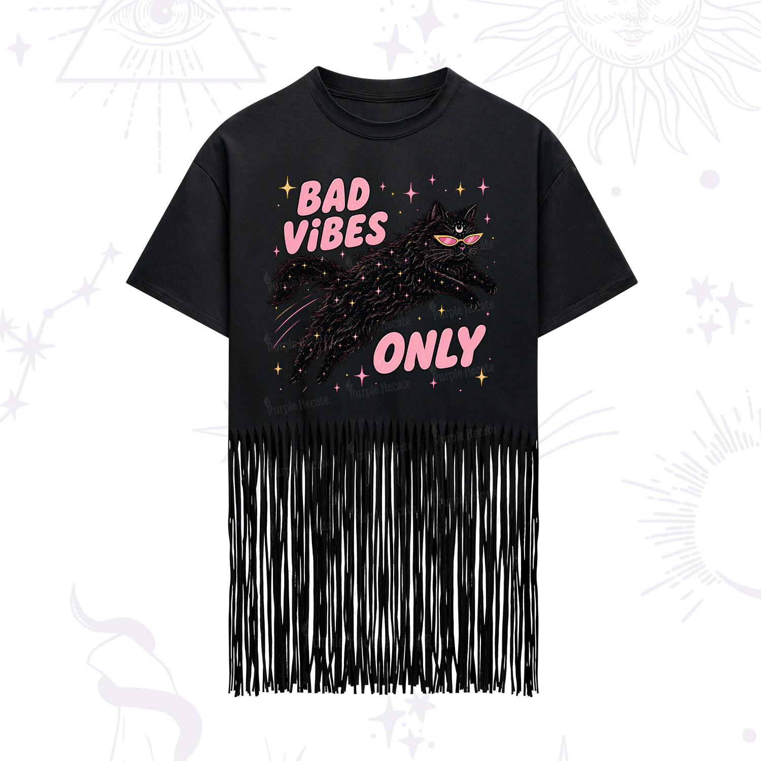 Purplehecate Black Cat Vibes Only Fringe Hem T-Shirt