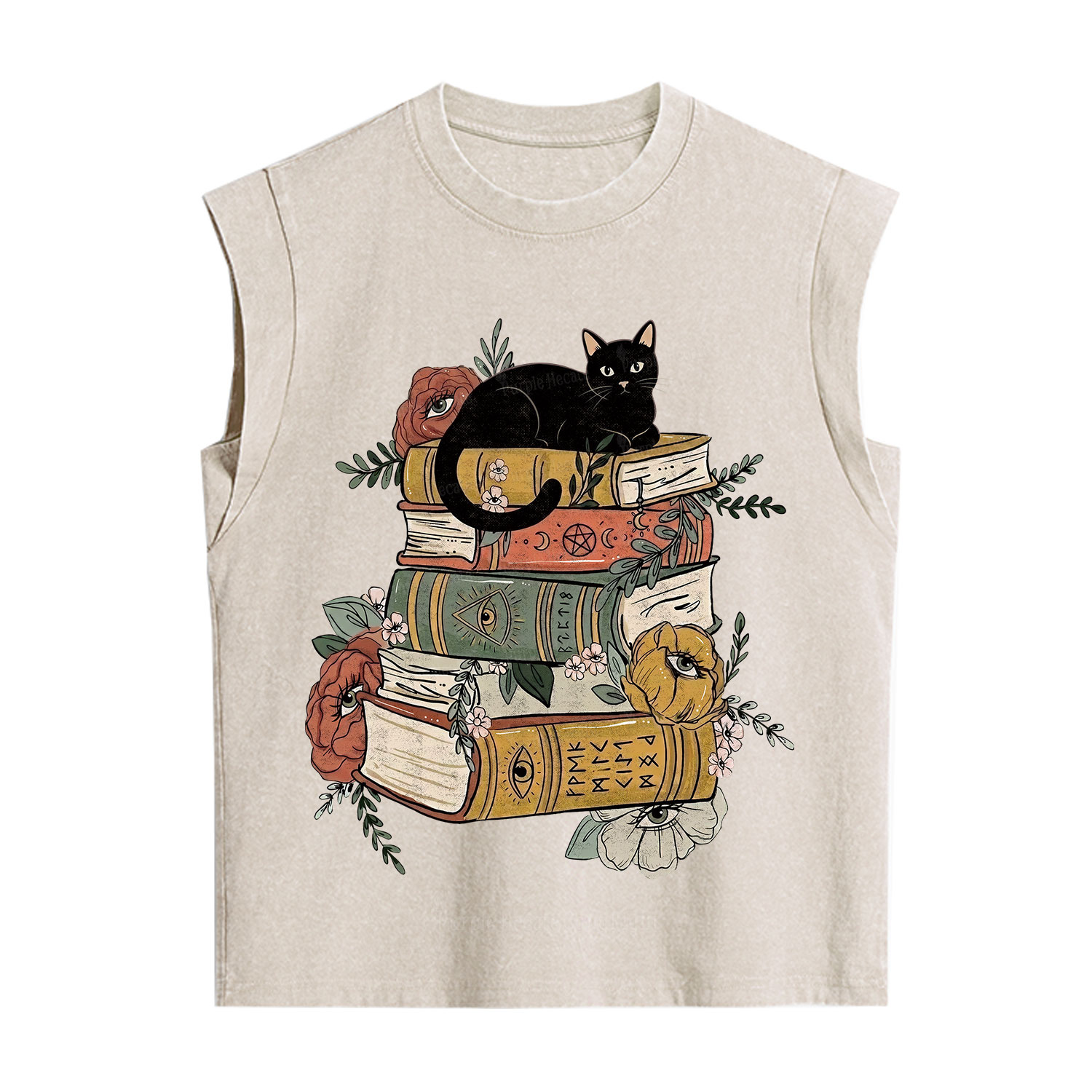 Purplehecate Black Cat on Books Vintage Washed Tank