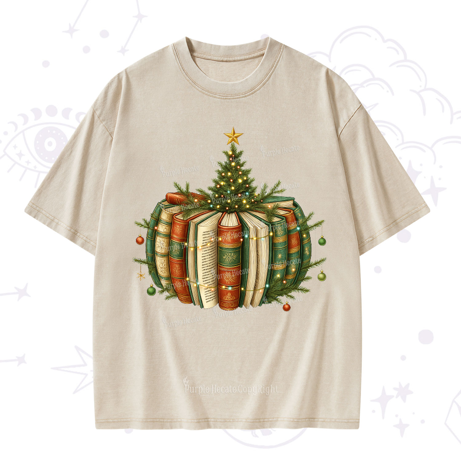 Purplehecate Bookish Christmas Tree Washed T-Shirt