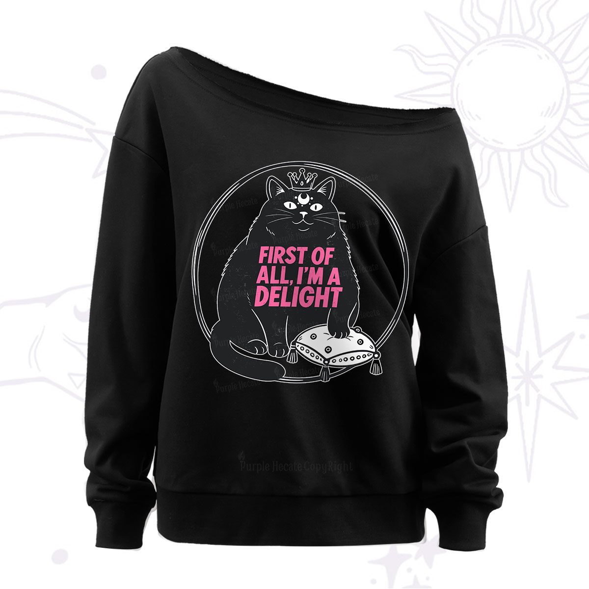 Purplehecate Black Cat First Of All I'm A Delight Off The Shoulder Sweatshirt