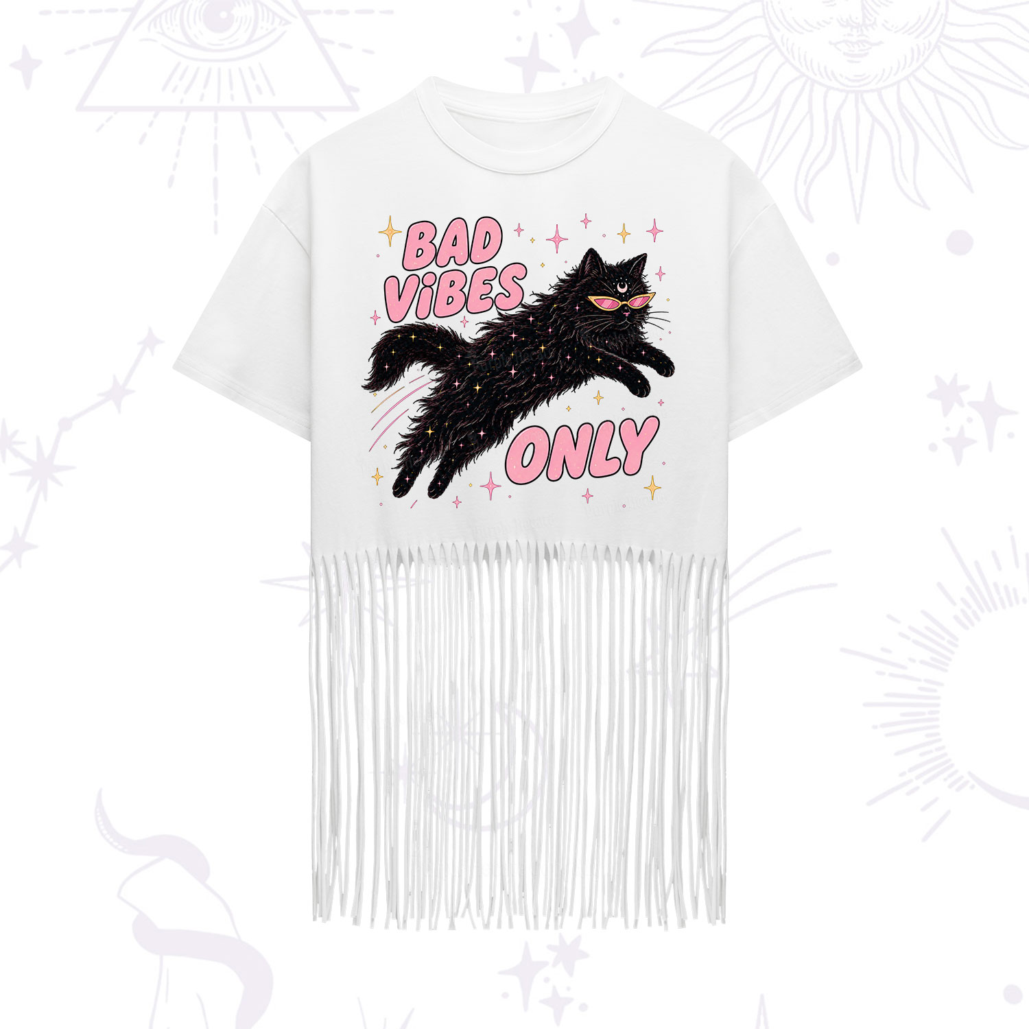 Purplehecate Black Cat Vibes Only Fringe Hem T-Shirt