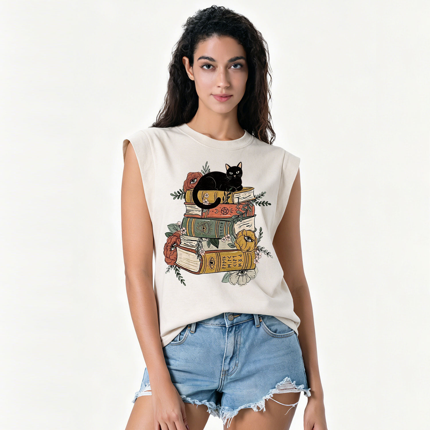 Purplehecate Black Cat on Books Vintage Washed Tank