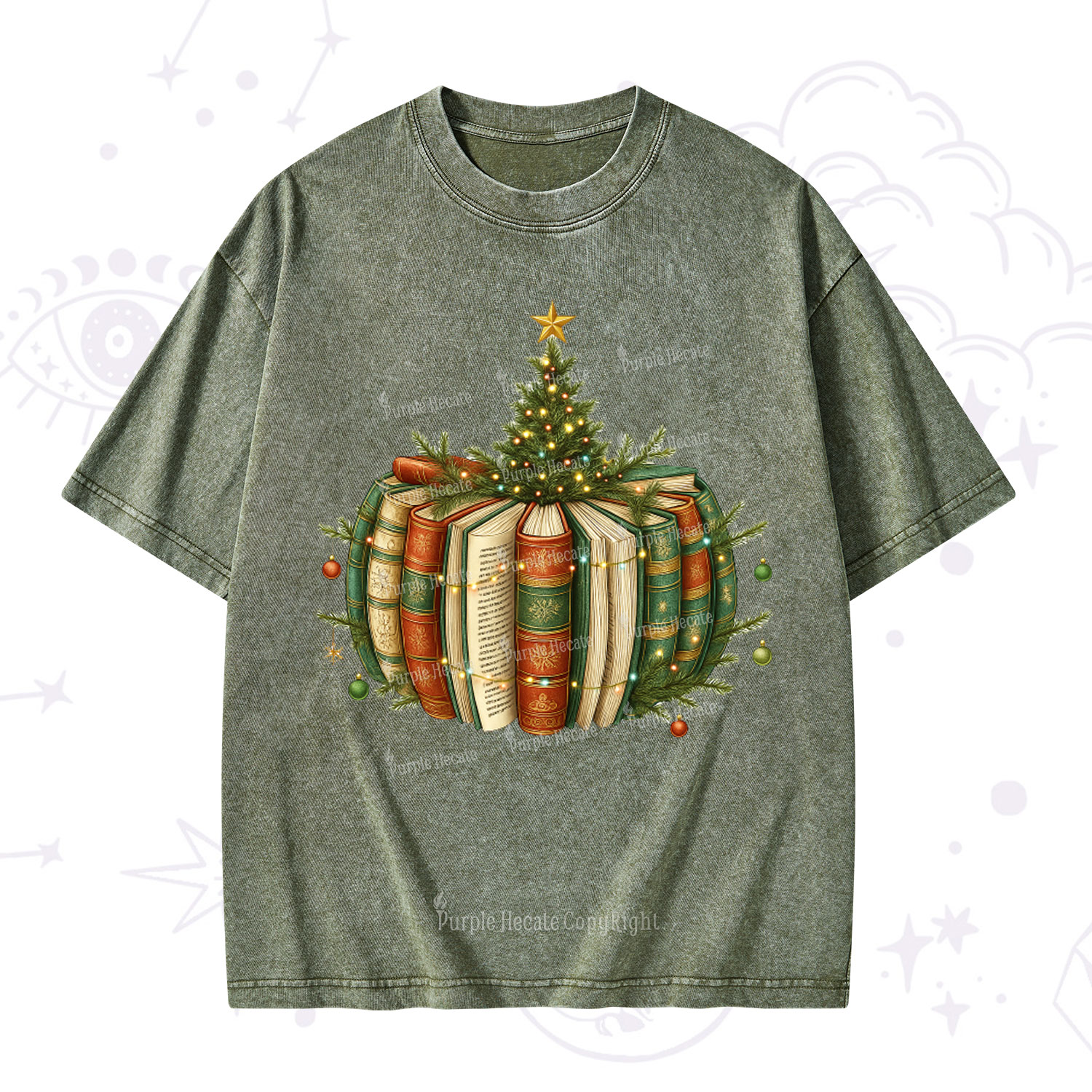Purplehecate Bookish Christmas Tree Washed T-Shirt