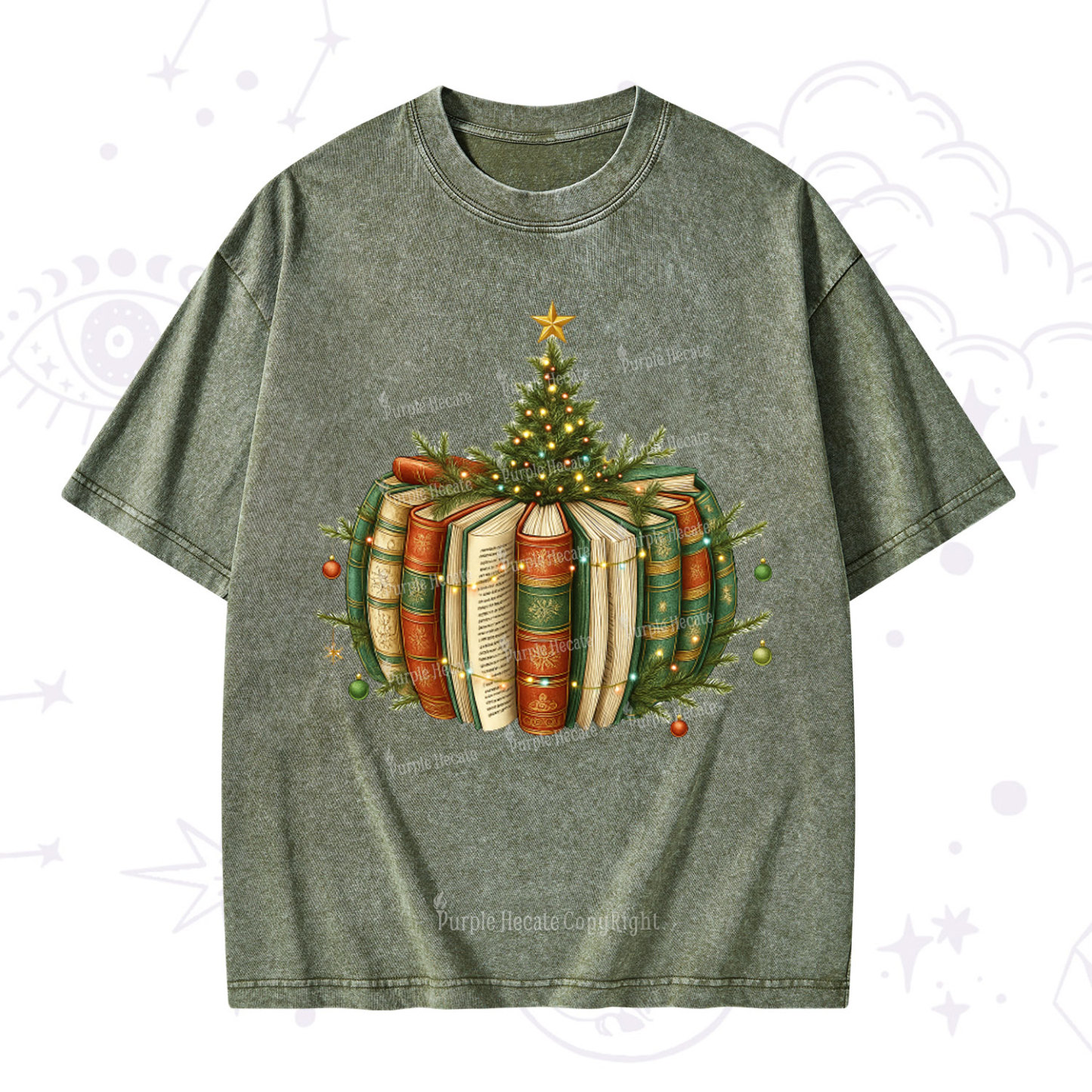 Purplehecate Bookish Christmas Tree Washed T-Shirt