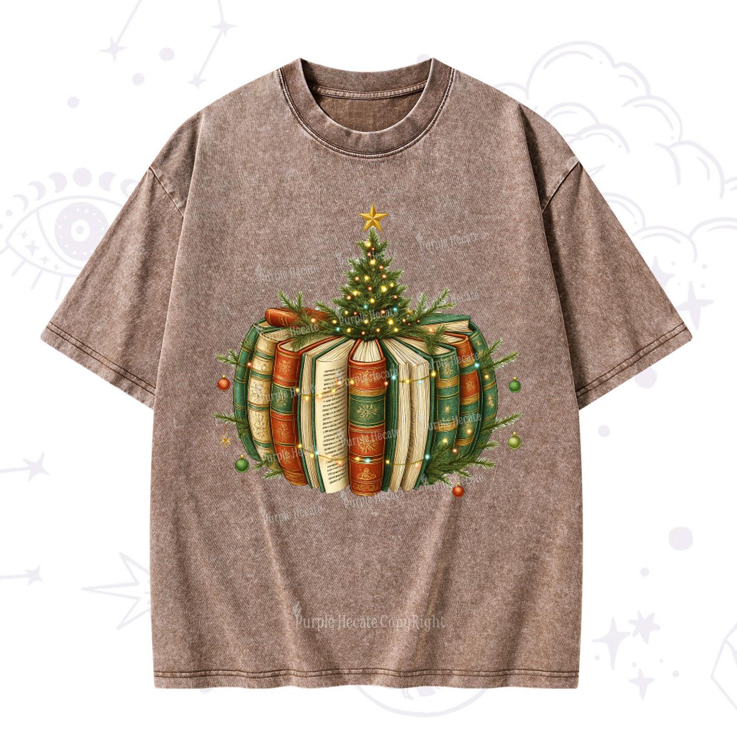 Purplehecate Bookish Christmas Tree Washed T-Shirt