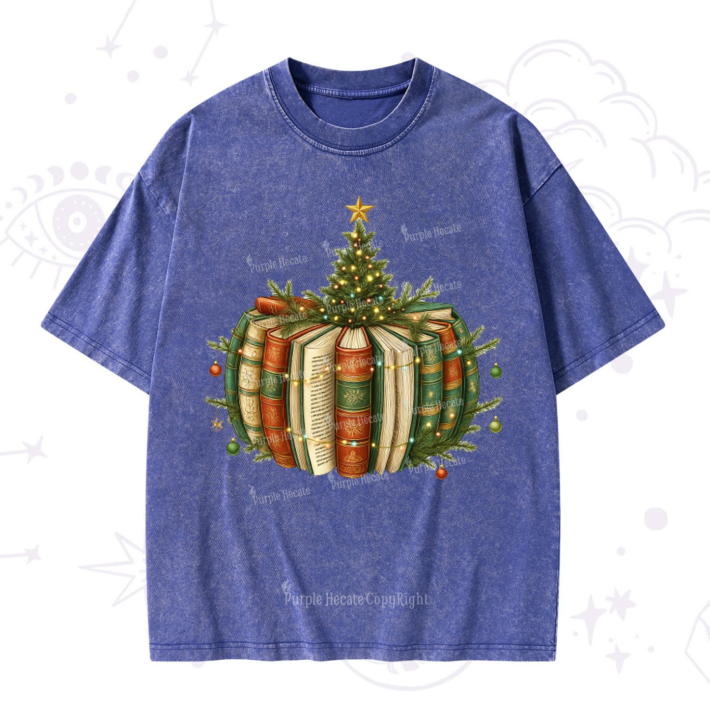 Purplehecate Bookish Christmas Tree Washed T-Shirt