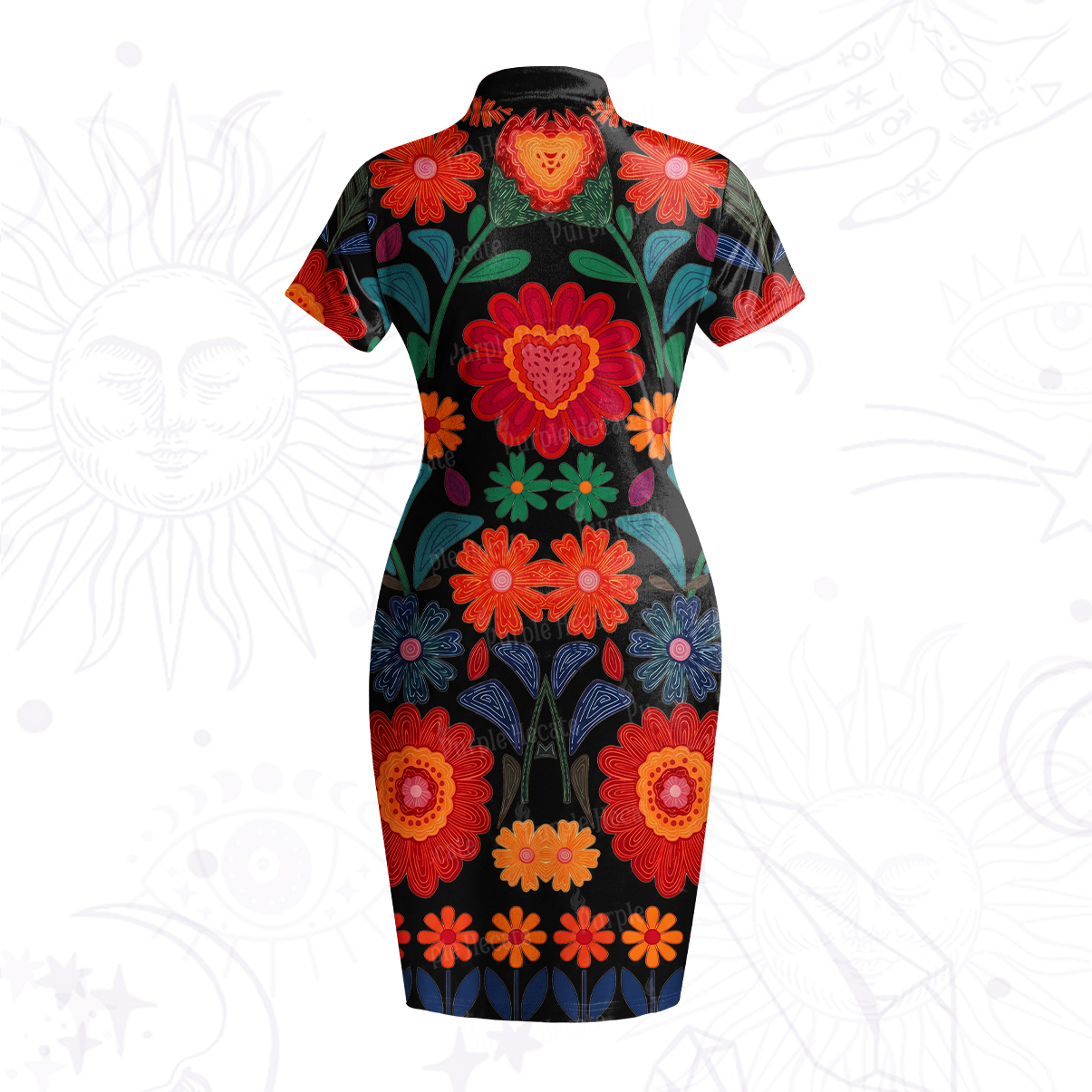 Purplehecate Retro Bloom Folk Floral Velvet Bodycon Dress