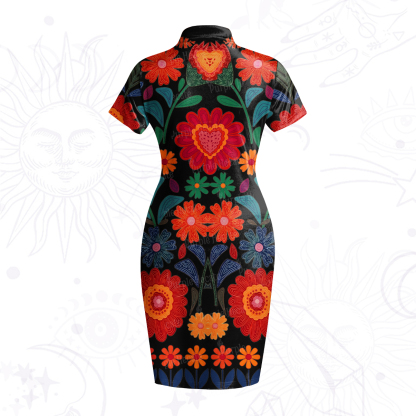 Purplehecate Retro Bloom Folk Floral Velvet Bodycon Dress