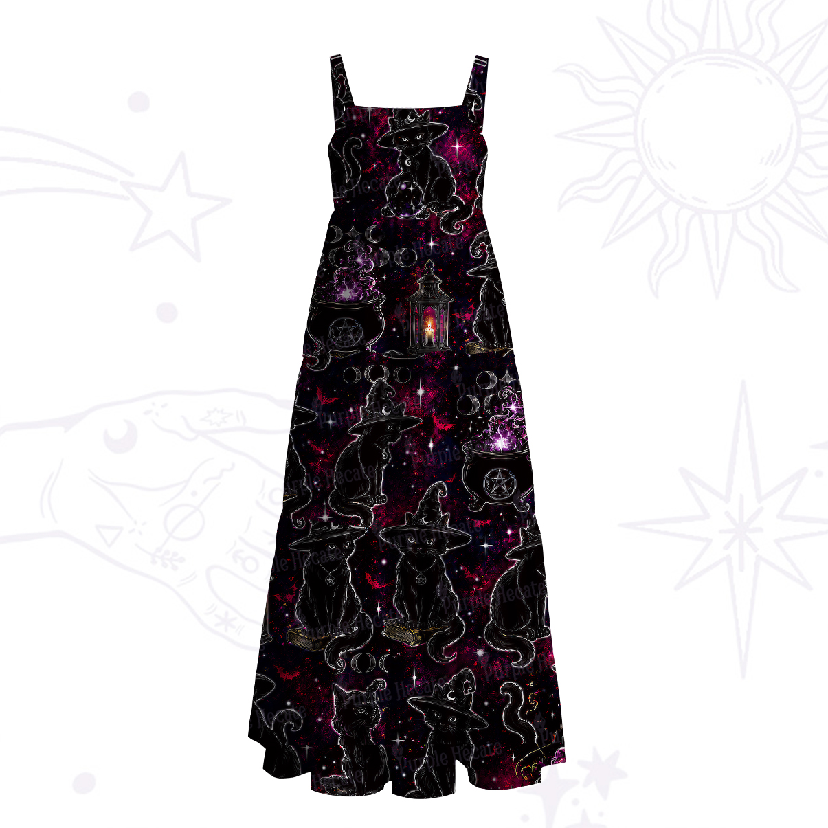 Purplehecate Brewing Black Cat Wide Straps Maxi Dress