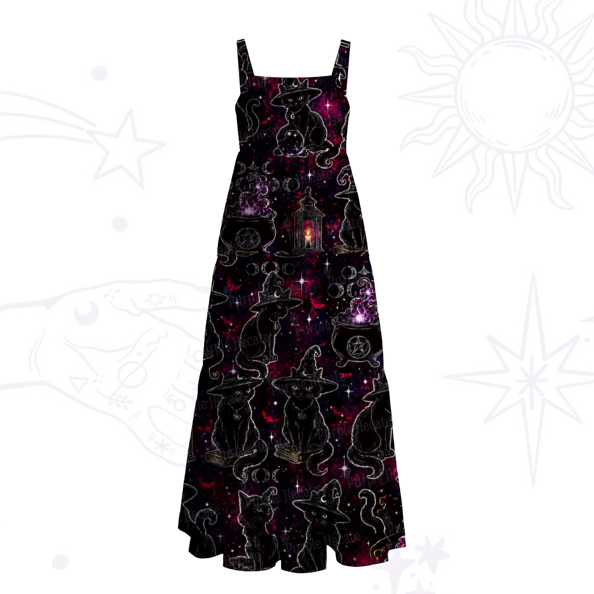 Purplehecate Brewing Black Cat Wide Straps Maxi Dress