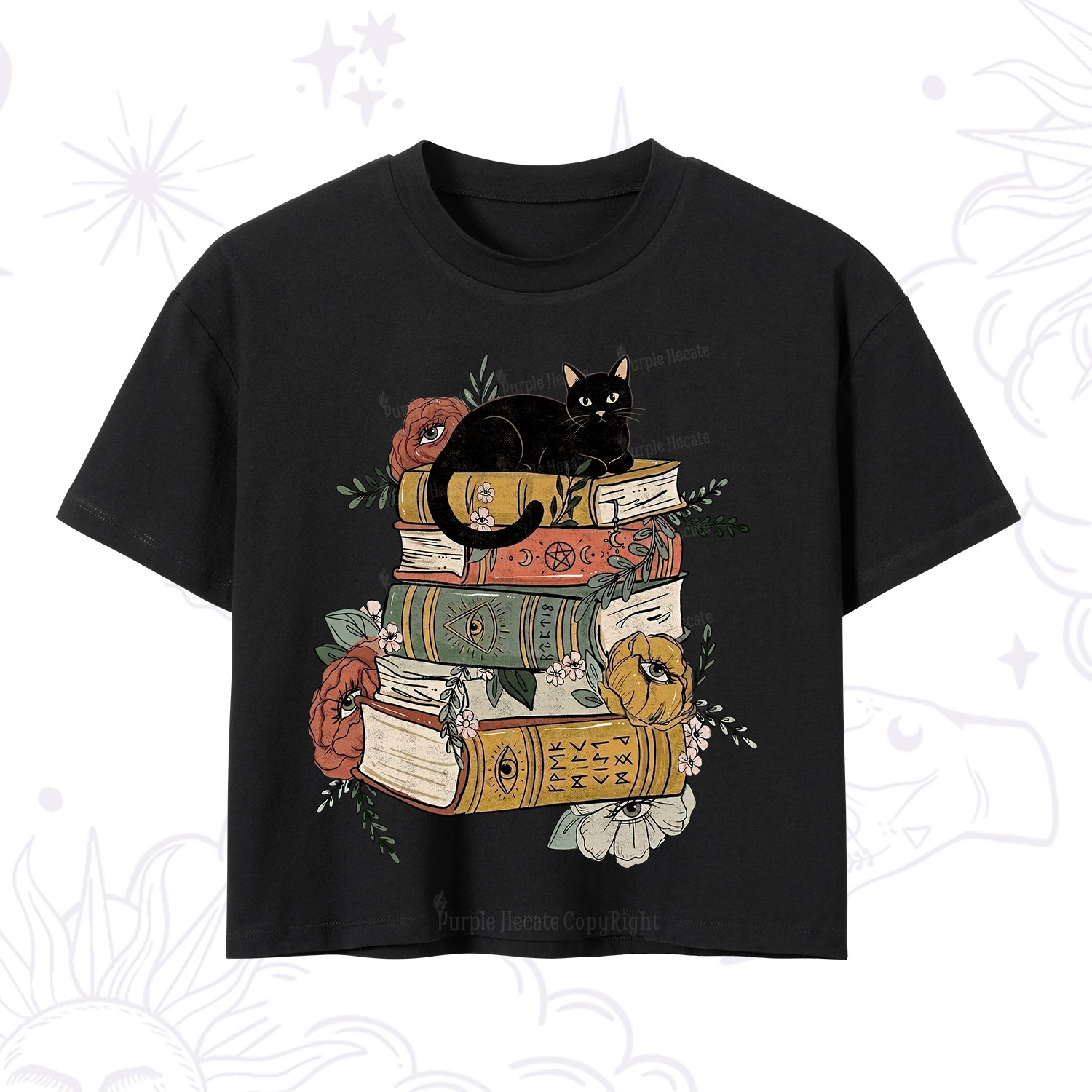 Purplehecate Black Cat on Books Crop T-Shirt