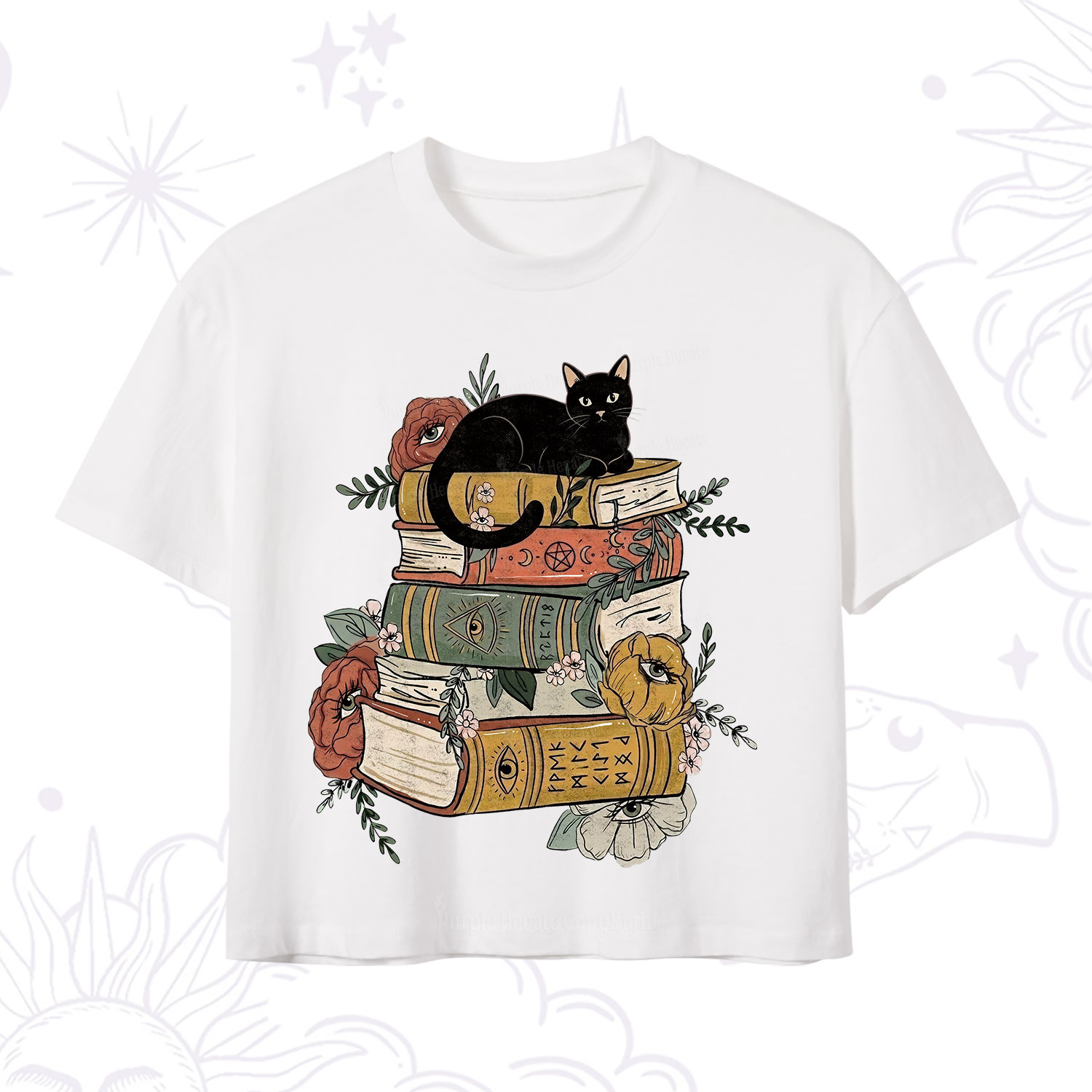 Purplehecate Black Cat on Books Crop T-Shirt