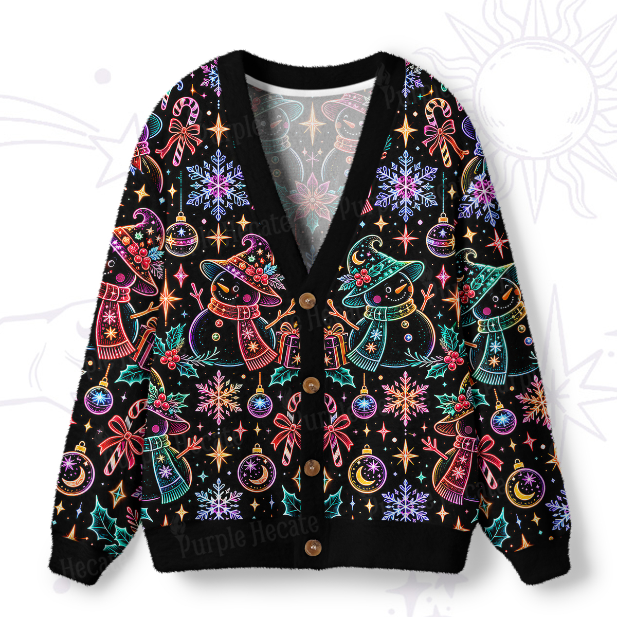 Purplehecate Neon Magic Snowmen Holiday Ugly Cardigan Sweaters