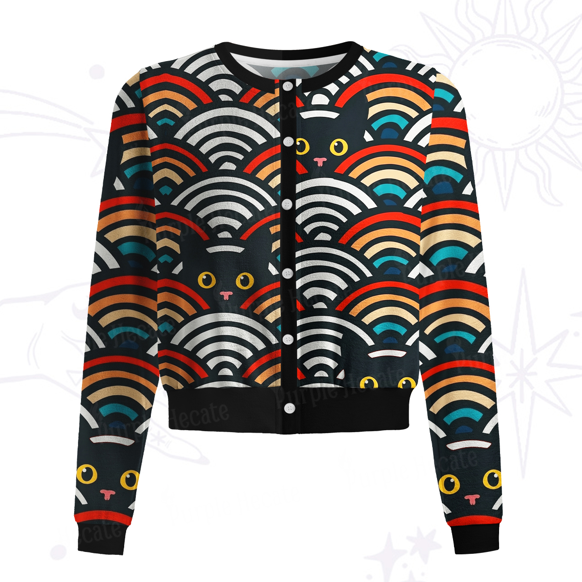Purplehecate Rainbow Black Cat Waves Knit Cardigan