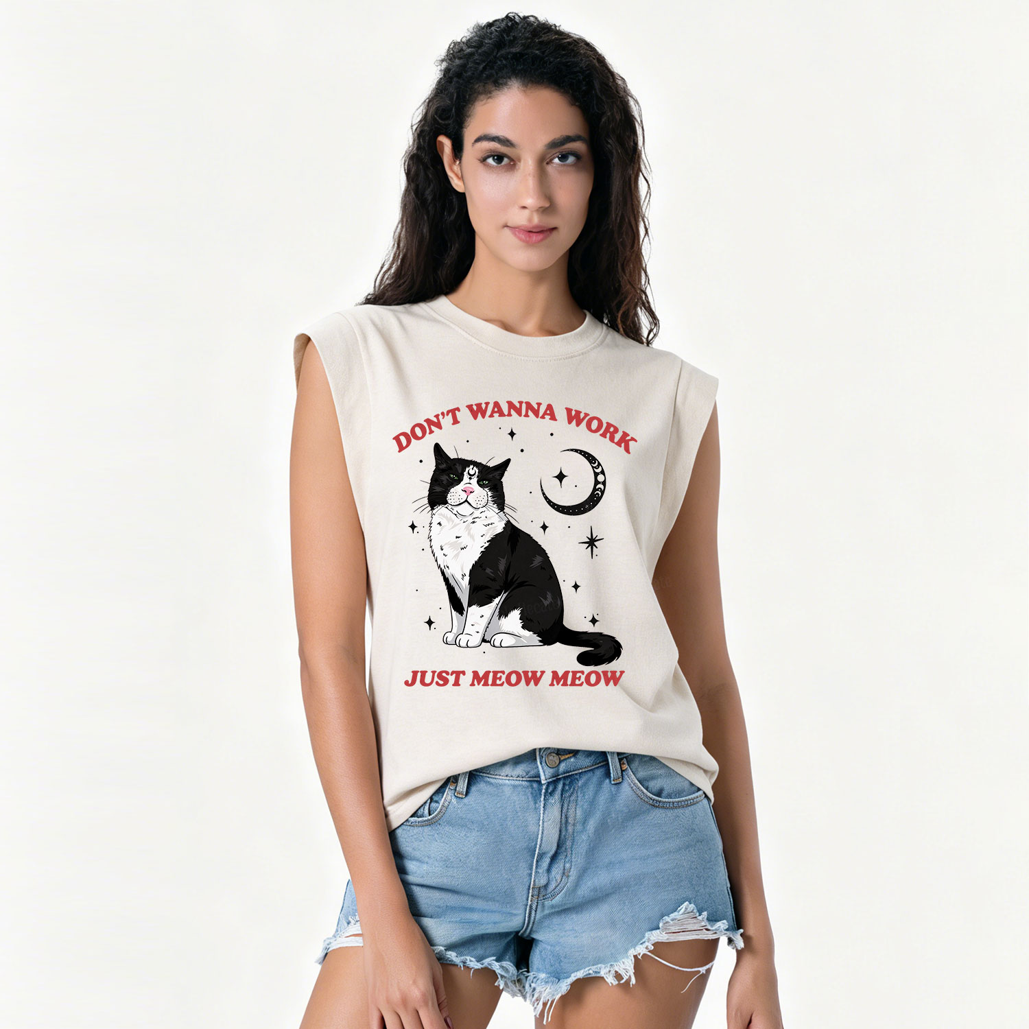 Purplehecate Don't Wanna Work Just Meow Meow Vintage Washed Tank