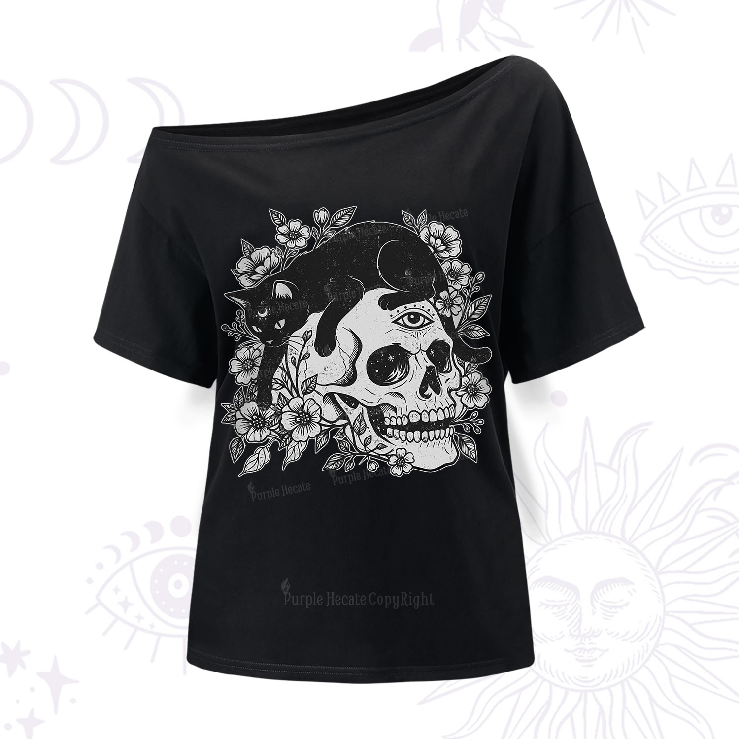 Purplehecate Black Cats In A Skull One Shoulder T-Shirt