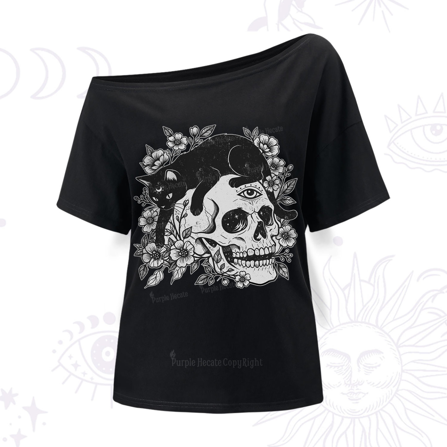 Purplehecate Black Cats In A Skull One Shoulder T-Shir