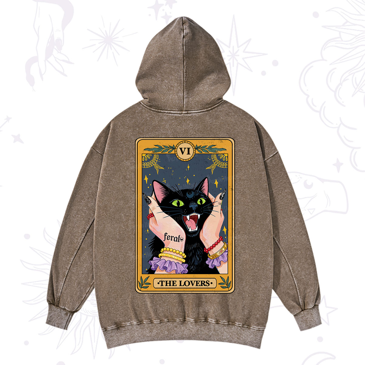 Purplehecate The Lovers Tarot Feral Cat Washed Hoodie