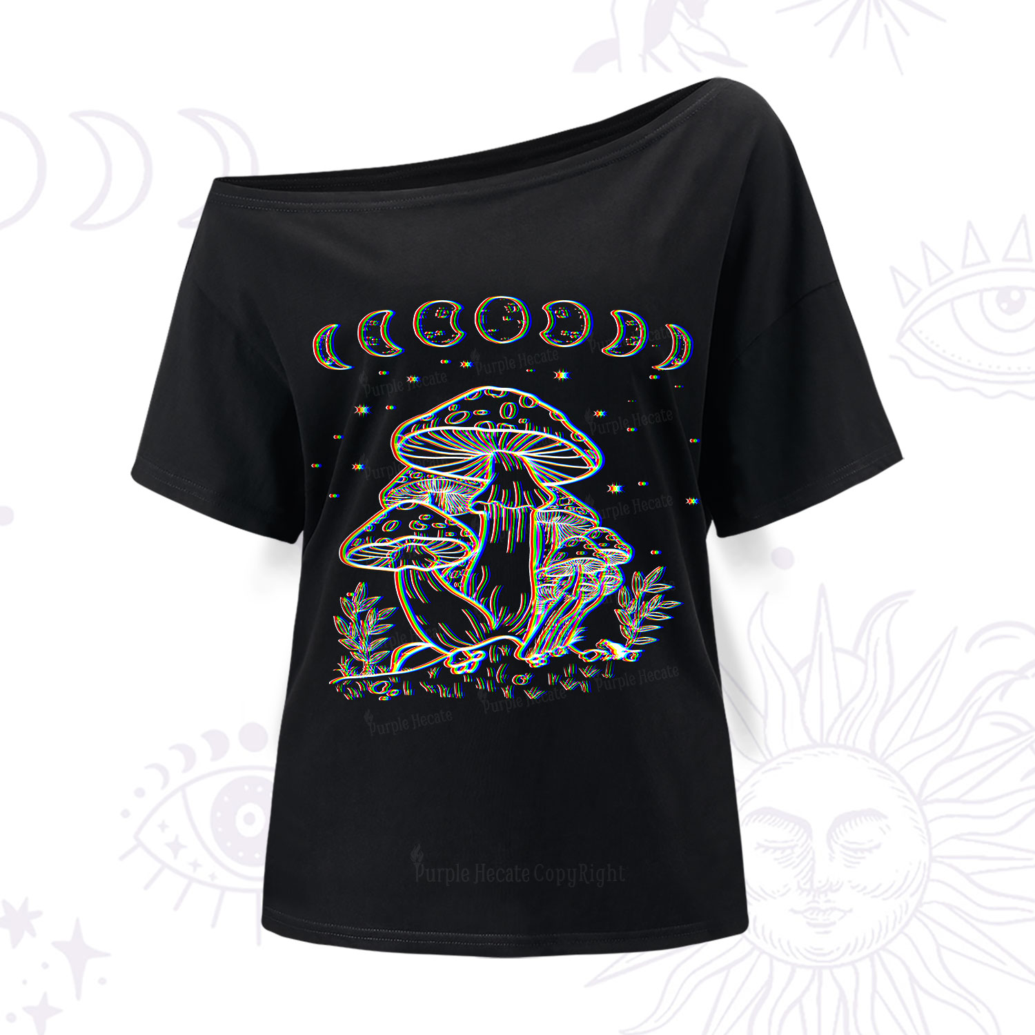 Purplehecate Mushroom and Moon One Shoulder T-Shirt